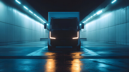 A futuristic truck front view with rectangular headlights on parked in a minimalist industrial parking lot.