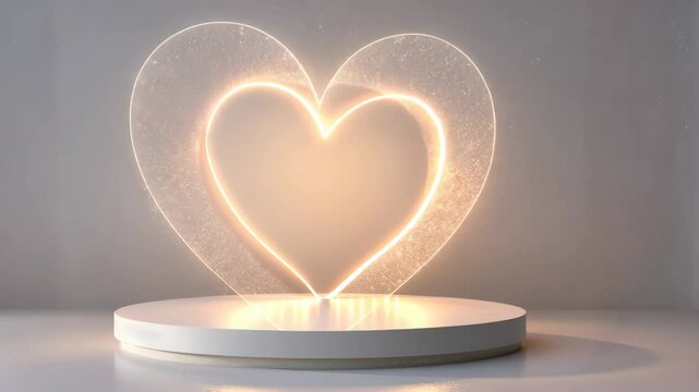Empty round podium with heart shaped lighting strip in the background. Bright sparkles and glitter in the shape of a heart fly away.