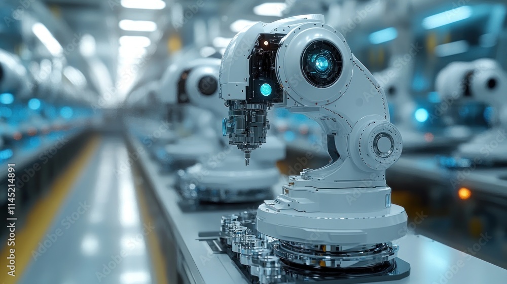 Aufkleber automated robotic arms on assembly line in futuristic factory.