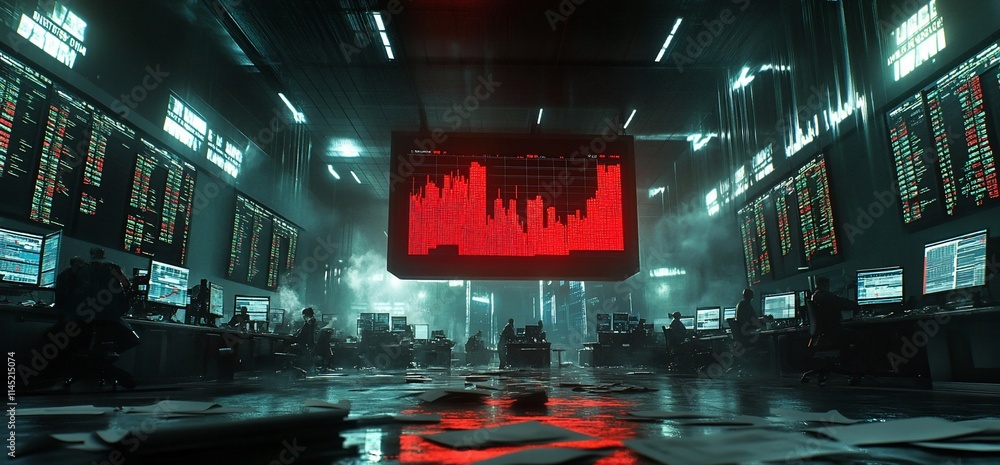 Poster a dimly lit trading room with monitors displaying stock market data in red.