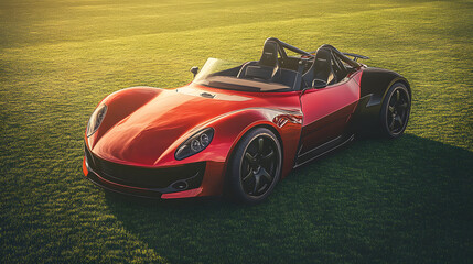 A glossy red GoCoda sports car with sharp black accents parked boldly on the vibrant green grass of a grunge football field.
