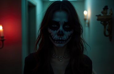 Asian woman with scary skull make-up in dark hallway. Nighttime scene with dramatic lighting. Halloween theme concept. Scary horror image with emotional expression. Suitable for ghost movies poster