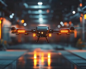 An automated delivery drone docking at a bright urban terminal, glowing signals indicating a successful handoff