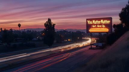 A glowing cheeseburger billboard with the words You Matter and Dont Give Up standing out next to a bustling highway.