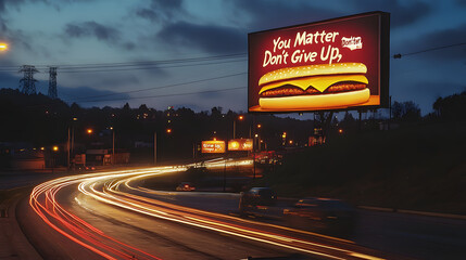 A glowing cheeseburger billboard with the words You Matter and Dont Give Up standing out next to a bustling highway.