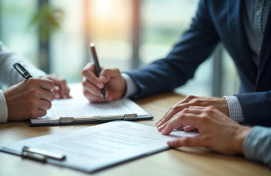 Businessmen sign life insurance investment contract. Pro men in suits review document carefully. Discuss financial protections, ensuring safety, security for family, future, property. Financial