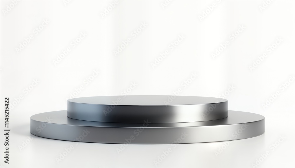Aufkleber Sleek modern silver podium with round base. Empty platform for product presentation. Ideal for luxury items. Elegant design. Simple backdrop for product display. Perfect for high-end goods. Studio