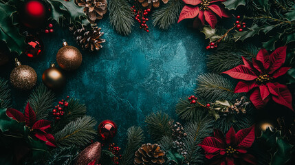 A Christmas wreath with red poinsettias and gold ornaments