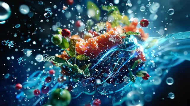 Genetically modified food, such as tomatoes, mint leaves, and berries, is surrounded by glowing blue waves and particles, suggesting future technologies in agriculture and food science