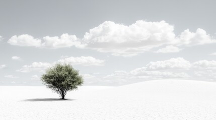 Solitary tree in a white desert under a pale sky.