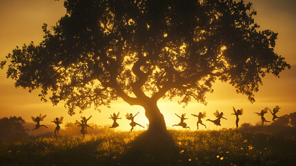 A glowing tree at the center of a twilight meadow with silhouettes of fairies dancing in the air.