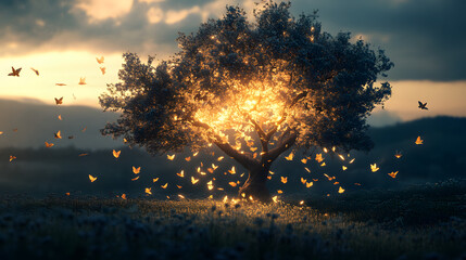 A glowing tree radiates a soft light as fairies silhouettes fly gracefully under the serene twilight.