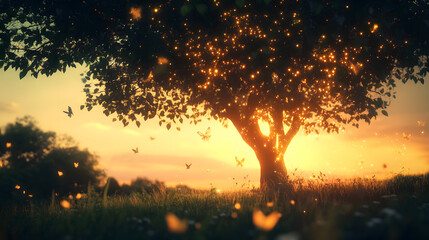 A glowing tree radiates a soft light as fairies silhouettes fly gracefully under the serene twilight.