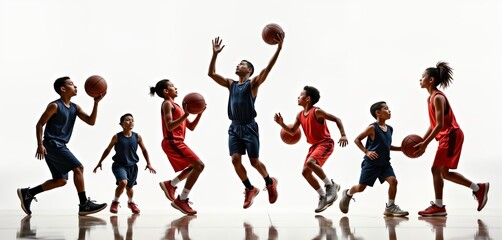 Diverse group of young basketball players in dynamic action. Adults, children engaged in various moments of play. Dressed in sporty outfits. Scene set in bright studio. High energy, vibrant, focused