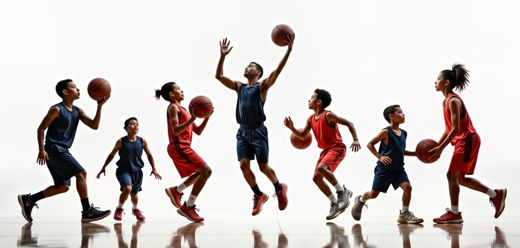 Diverse group of young basketball players in dynamic action. Adults, children engaged in various moments of play. Dressed in sporty outfits. Scene set in bright studio. High energy, vibrant, focused