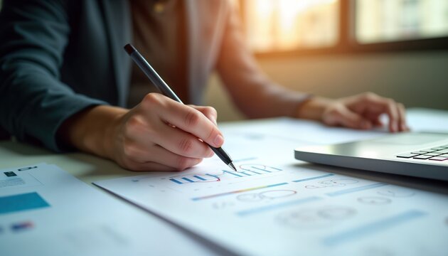 Person writes research proposal at desk. Hand holding pen. Papers with charts, graphs. Person working on study. Modern office setting. Person likely researcher student. Analyzing data. Preparing - Powered by Adobe