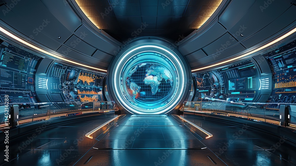 Poster futuristic control room with a glowing world map and advanced technology displays.
