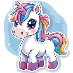 Adorable Cartoon Unicorn with Colorful Mane and Sparkling Stars