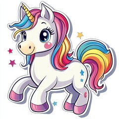 Adorable Cartoon Unicorn with Colorful Mane and Sparkling Stars
