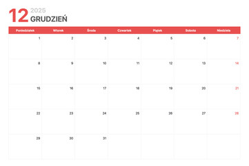 Kalendarz 2025. Tydzień kalendarzowy 2025 zaczyna się w poniedziałek. Korporacyjny minimalistyczny pusty kalendarz na Grudzień 2025