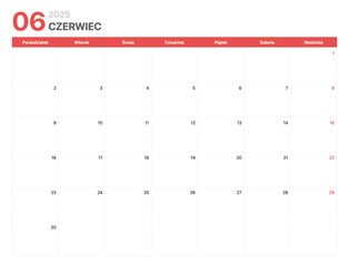 Kalendarz 2025. Tydzień kalendarzowy 2025 zaczyna się w poniedziałek. Korporacyjny minimalistyczny pusty kalendarz na Czerwiec 2025
