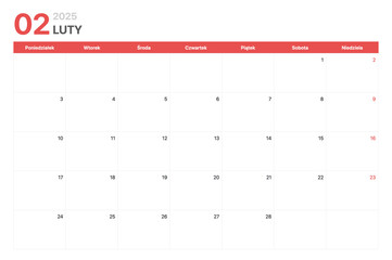 Kalendarz 2025. Tydzień kalendarzowy 2025 zaczyna się w poniedziałek. Korporacyjny minimalistyczny pusty kalendarz na Luty 2025