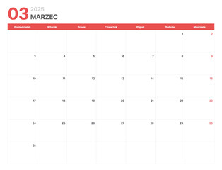 Kalendarz 2025. Tydzień kalendarzowy 2025 zaczyna się w poniedziałek. Korporacyjny minimalistyczny pusty kalendarz na Marzec 2025