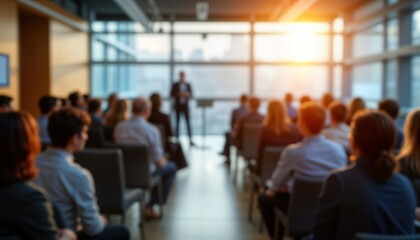 Fototapeta premium Business seminar in progress. Attendees listen to speaker. Blurred view of people in a meeting room. Event takes place indoors. Modern office setting. Pro development. Learning in progress.