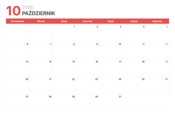 Kalendarz 2025. Tydzień kalendarzowy 2025 zaczyna się w poniedziałek. Korporacyjny minimalistyczny pusty kalendarz na Październik 2025