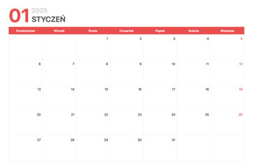 Kalendarz 2025. Tydzień kalendarzowy 2025 zaczyna się w poniedziałek. Korporacyjny minimalistyczny pusty kalendarz na Styczeń 2025