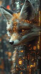 A side-view of a cybernetic fox showcasing glowing orange eyes, sleek robotic details, and a futuristic cyberpunk ambiance blending nature and technology. AI generated.