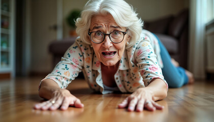 Senior woman with white hair wearing glasses, floral blouse lies on floor. Reaches out with worried expression. Urgent situation needs help. Home accident emergency. Help, assistance needed. Elderly