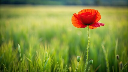 Obraz premium A single stunning red poppy standing tall in a vast open field of green grass, poppy, flowers, field, grass, nature