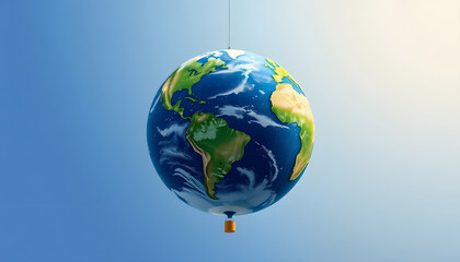 An earth shaped balloon floating on a string. Climate and environment concept, low-poly, with white tones