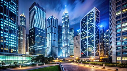 Obraz premium Hong Kong Corporate Buildings at Night, cityscape, skyscrapers, Hong Kong