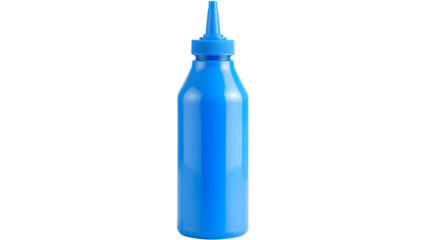 Blue condiment bottle on black background.