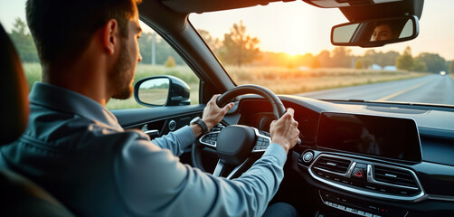 Man drives luxury car. Sunset view outside. Pro driver controls modern vehicle. Travel concept. Business trip or vacation. Reliable transportation. Success and status symbol.