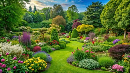 Weeding in a lush green garden with various flowers and trees surrounding it , weeding