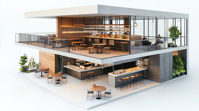 Isometric 3D render of contemporary two-level cafe-bar with open mezzanine