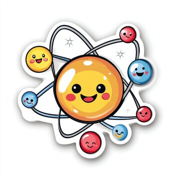 Happy Cartoon Atom with Smiling Particles and Colorful Orbit