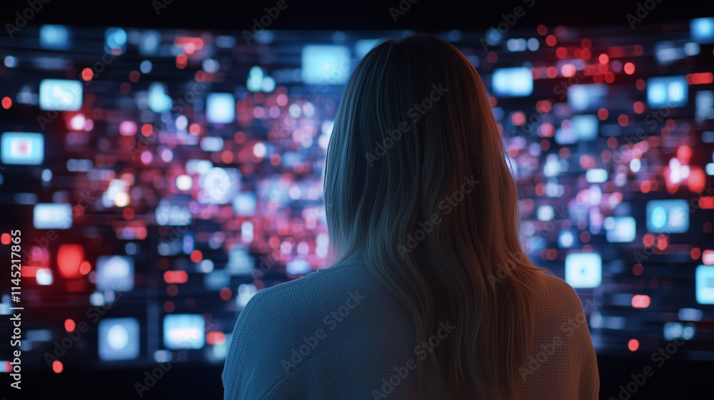 Poster exploring digital landscapes in a darkened room filled with colorful screens and data visualizations