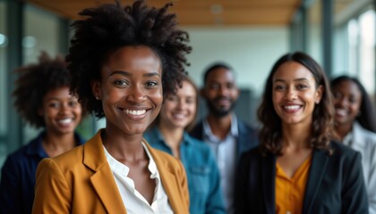 Obraz premium Successful African businesswoman stands in front of happy business colleagues. Group stands together in office. Possible business seminar conference. Teamwork, collaboration evident. Pro attire,