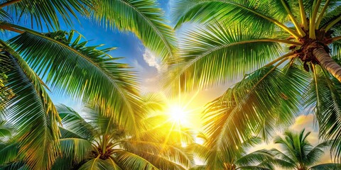 Fototapeta premium Coconut palm tree foliage under a warm sky with sunbeams filtering through leaves and branches , vintage, retro