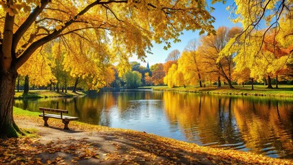 autumn park with lake and yellow leaves, autumn landscape, fall foliage