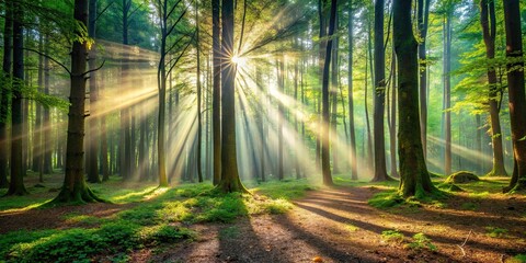 Obraz premium Forest Floor Scene with Sunbeams filtering through Trees , sunlight, forest, trees, foliage, nature, outdoor