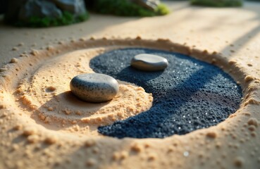 Zen garden design with yin, yang symbol. Two stones balanced on sand. Sand art with light. Perfect for meditation relaxation. Simple, beautiful. Perfect for relaxation. Calm atmosphere. Focus on