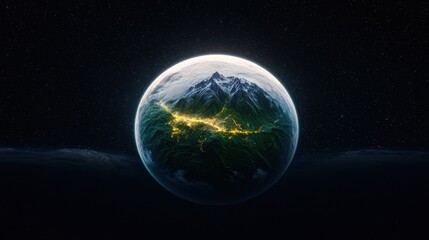 Obraz premium Luminous mountain range on a small planet in space.