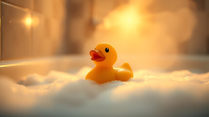 Closeup of yellow rubber duck in bathtub with lots of foam
