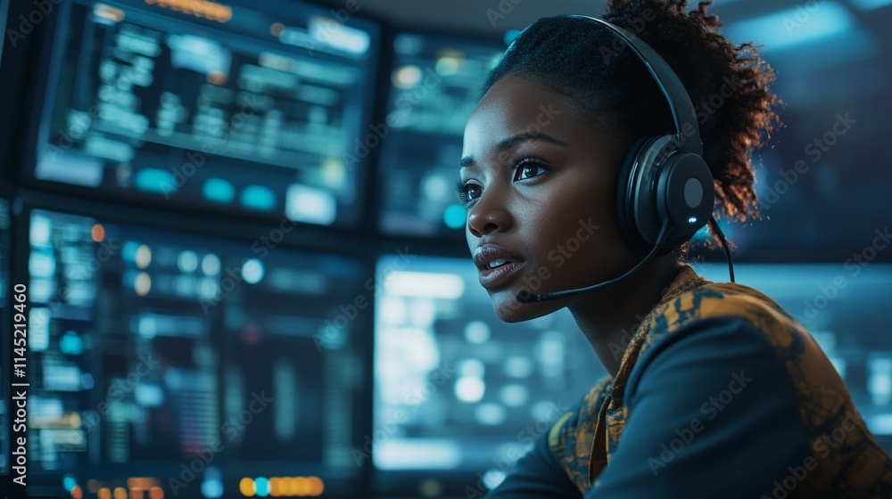 Poster a focused individual wearing a headset, engaged with multiple computer screens.