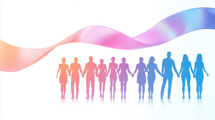 Obraz premium Silhouettes of people standing in a row, holding hands in unity, with a large ribbon, symbol of cancer awareness. World Cancer Day, International Union Against Cancer concept. Copy space, horizontal